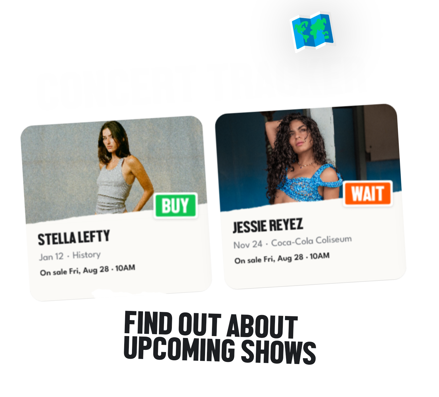 Concert Tracker show cards demonstrating how FaceValue helps you find upcoming Toronto concerts