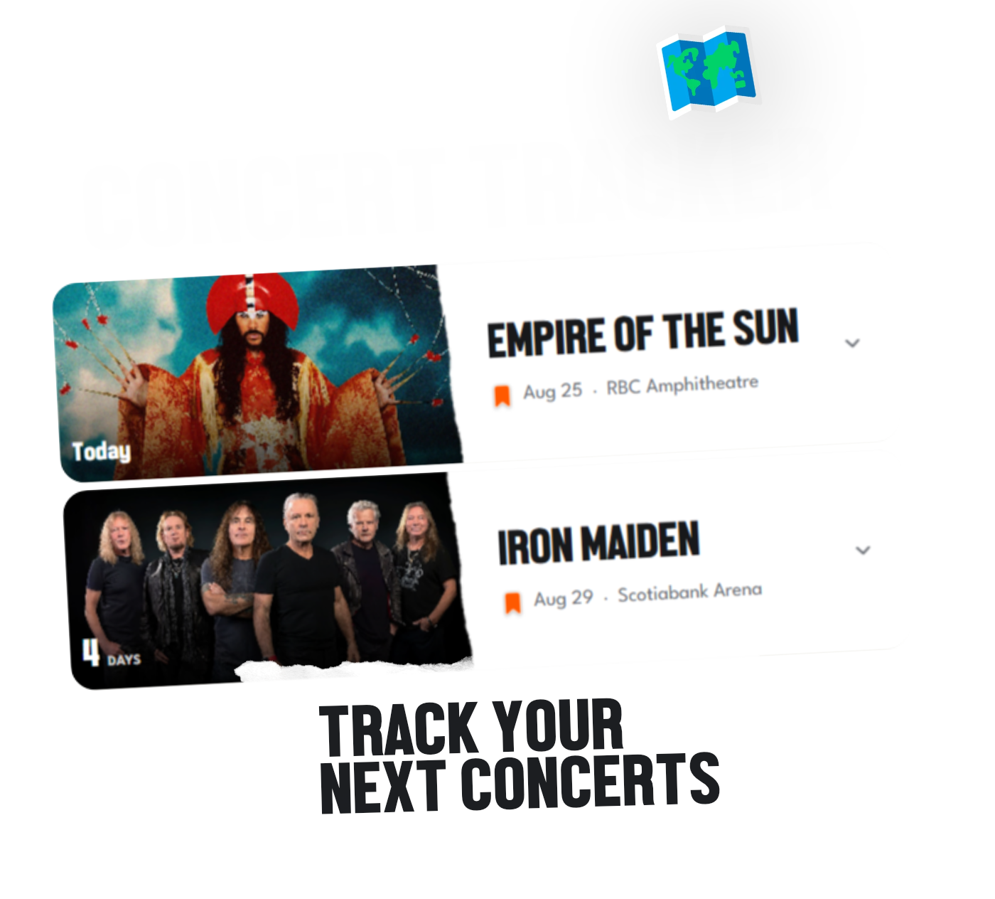 Two saved concert cards demonstrating how FaceValue helps you track upcoming shows