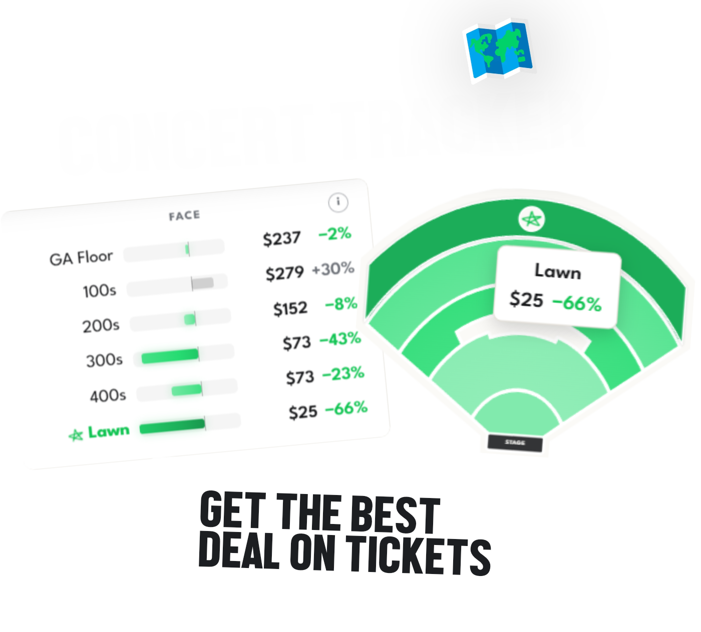 Section prices and a venue map demonstrating how FaceValue helps you find better ticket deals