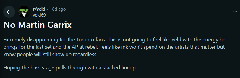 Reddit post complaining about no Martin Garrix on 2026 VELD lineup