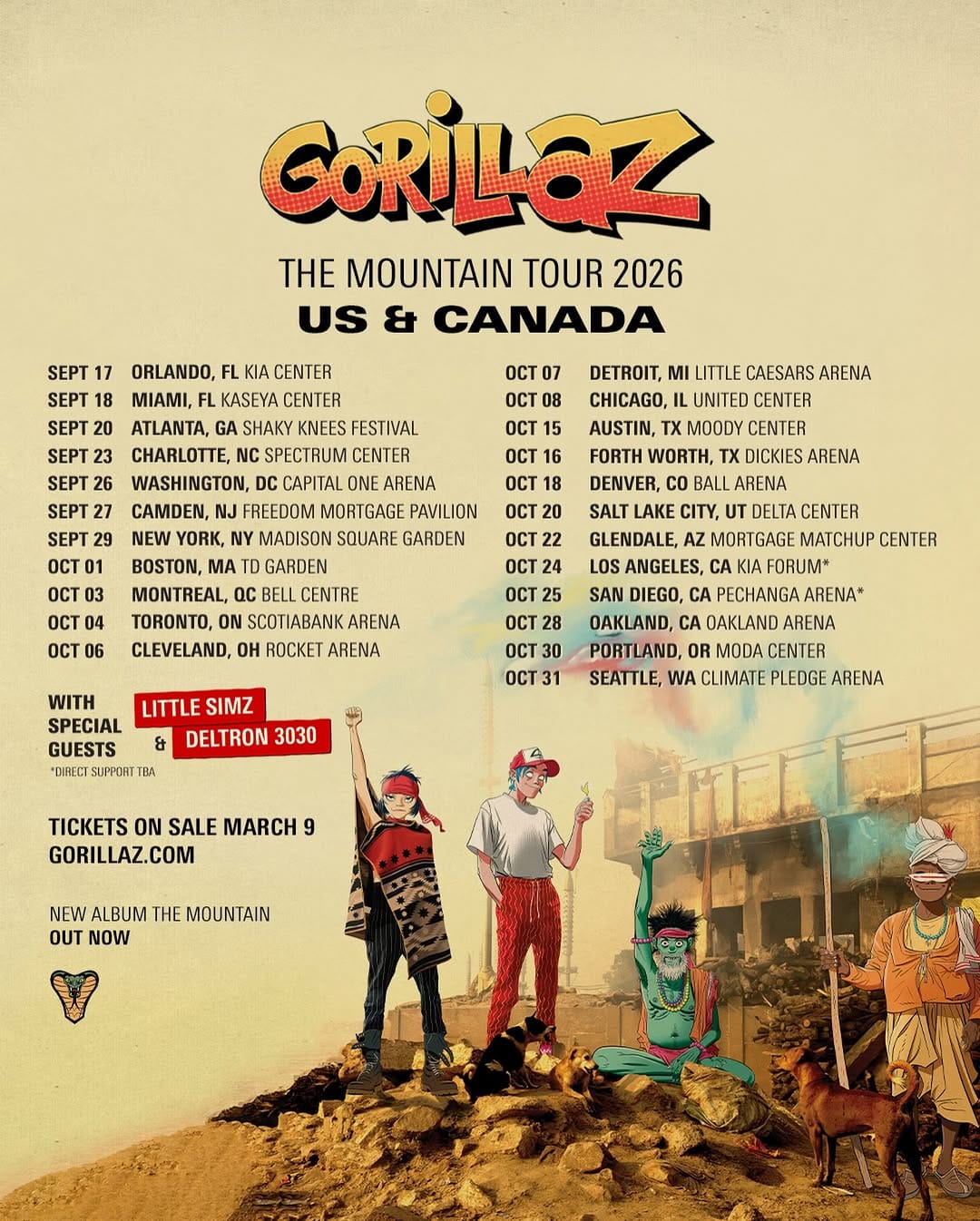 Gorillaz The Mountain Tour 2026 US & Canada dates poster